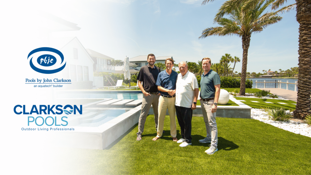 Clarkson Pools family leadership team standing together by a luxury backyard pool, with Pools by John Clarkson and Clarkson Pools logos representing the company’s legacy and rebrand.