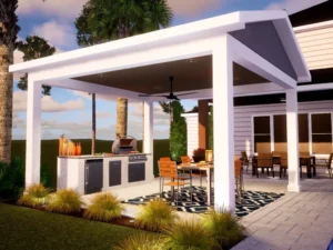 Elegant outdoor cabana rendering design by Clarkson Pools for poolside entertaining.
