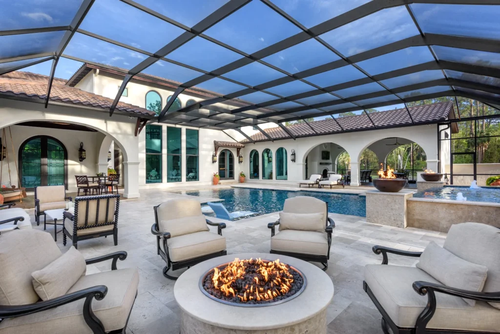 Clarkson Pools custom cabana with night view lighting in Ponte Vedra.