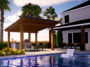 Modern covered pergola rendering by Clarkson Pools for backyard shade and comfort.
