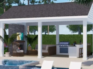 Outdoor cabana rendering with built-in fireplace designed by Clarkson Pools.