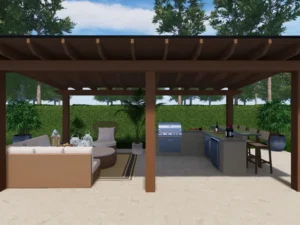 Clarkson Pools large covered pergola rendering providing shade and style for backyard living.