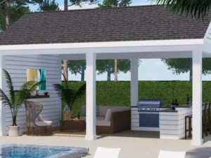 Spacious walled cabana rendering by Clarkson Pools designed for outdoor entertaining.