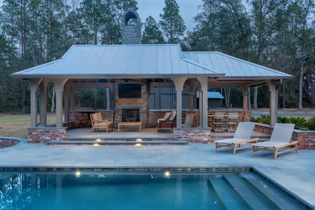 Clarkson Pools luxury patio lounge in Jacksonville with modern outdoor living design.