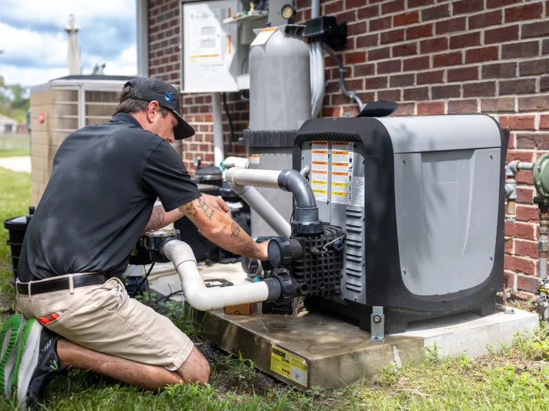 Clarkson Pools technician servicing pool equipment and pump system