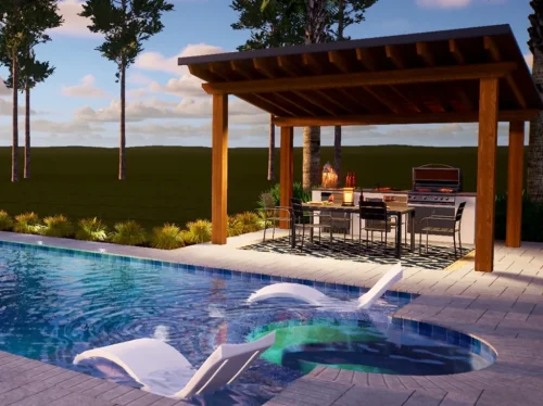 Clarkson Pools covered pergola rendering featuring outdoor living space by the pool.